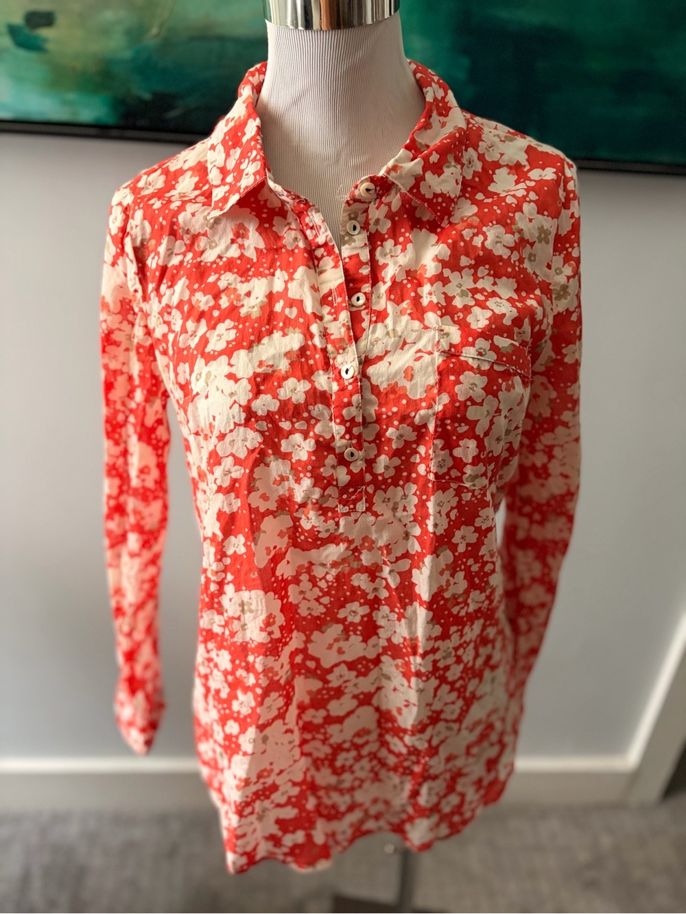 Women's Coral and Cream Floral Button-Front Blouse